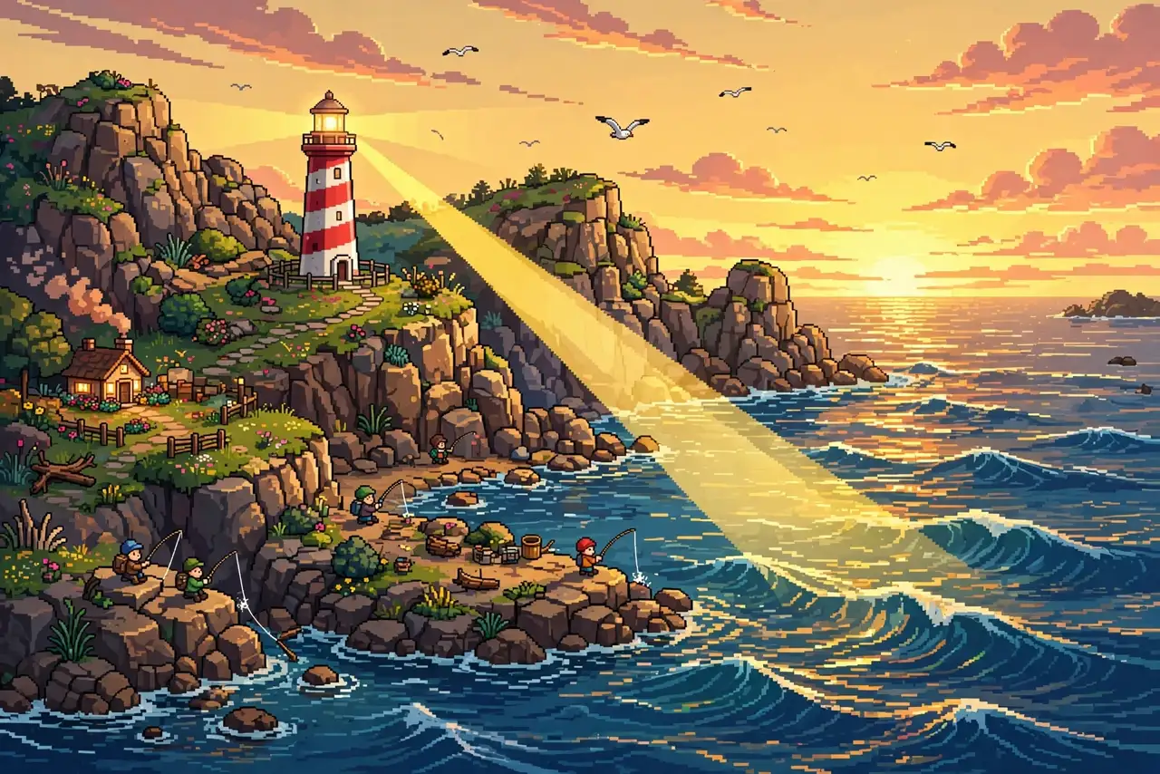 A lighthouse on rocky cliffs at dusk
