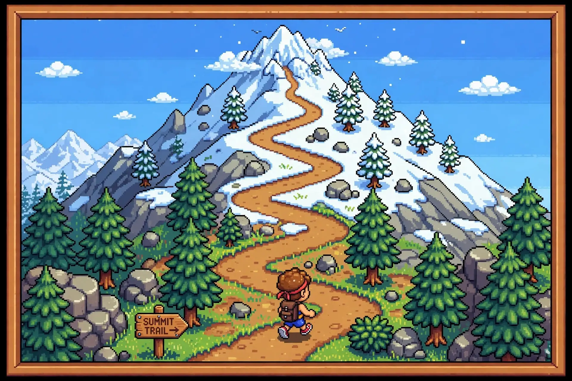The snowy mountain with a hiking trail