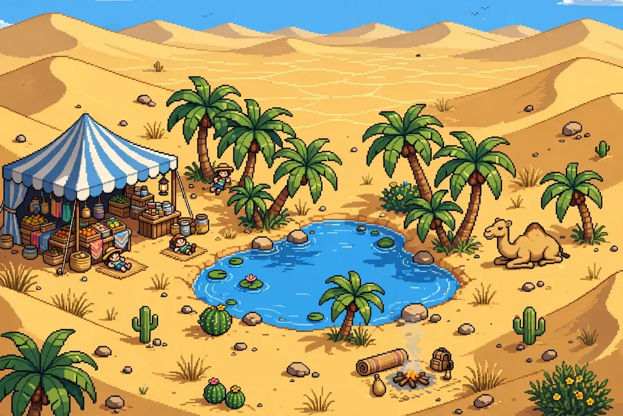 A desert oasis with a pond and palms