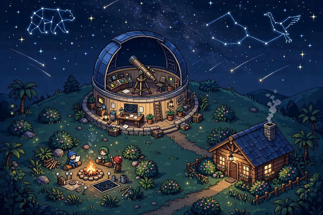 A night observatory on a hilltop under the stars
