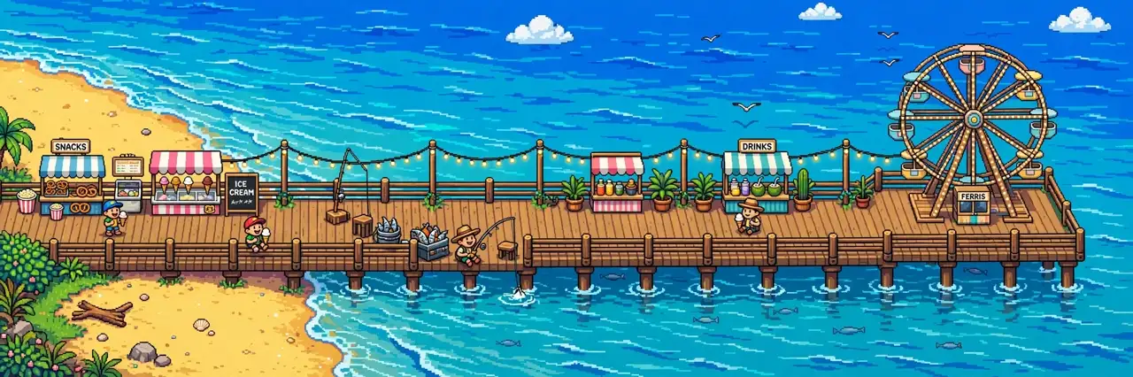 A beach boardwalk pier with stalls and a ferris wheel