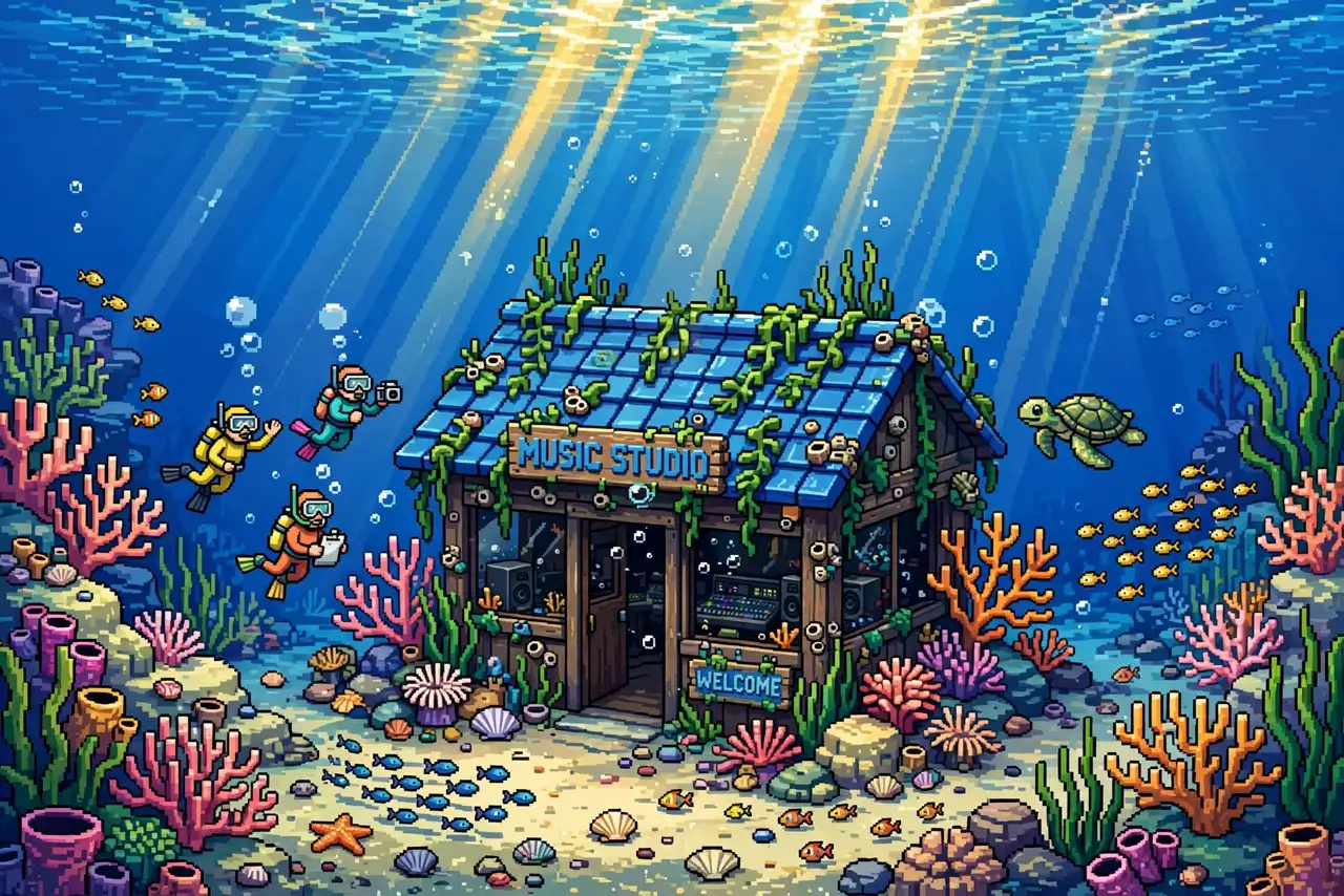 An underwater coral reef with a sunken studio hut