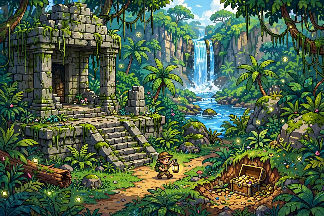 Ancient jungle ruins with a stone temple