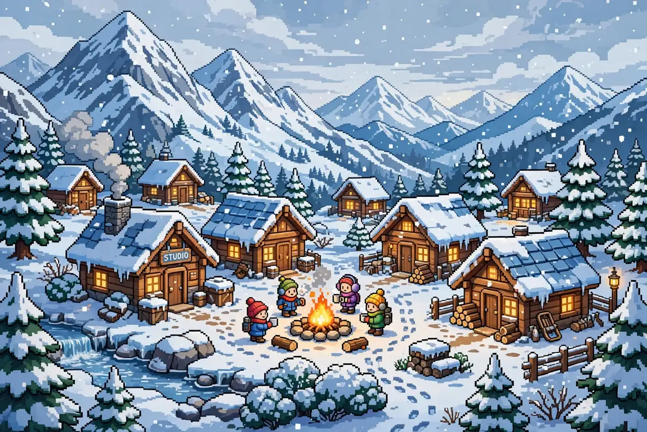 A snowy mountain village with cabins