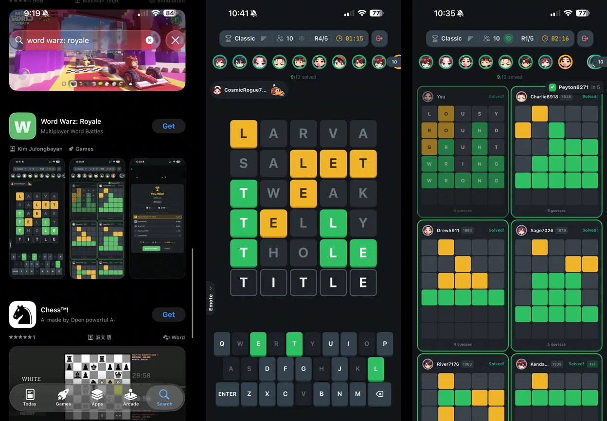 WordWarz on iPhone: the App Store listing, a live match board, and the spectator view