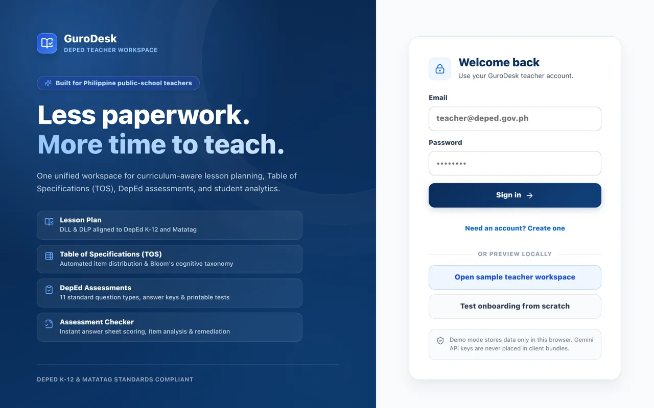 Screenshot: the GuroDesk landing page