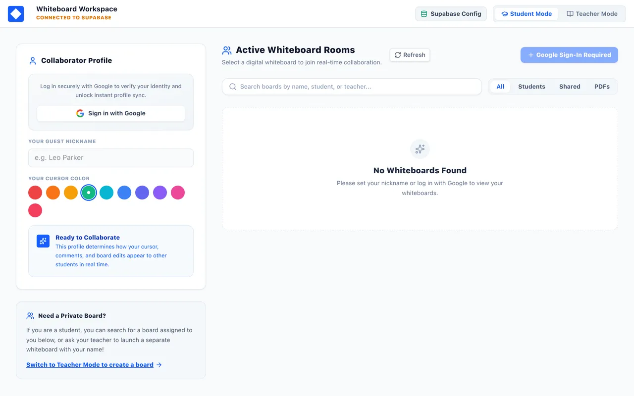 Screenshot: the Collaborative Whiteboard workspace