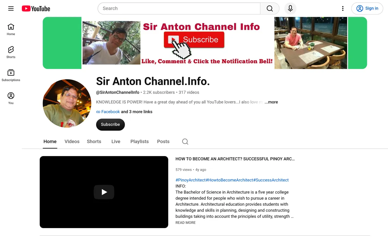 Screenshot: the Sir Anton Channel Info YouTube channel