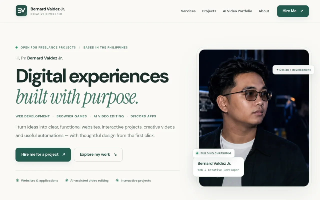 Screenshot: Bernard Valdez Jr.'s portfolio homepage