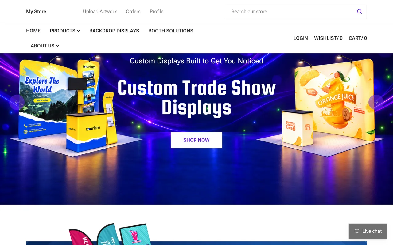 Screenshot: the Shopify store Carl is building, for custom trade show displays