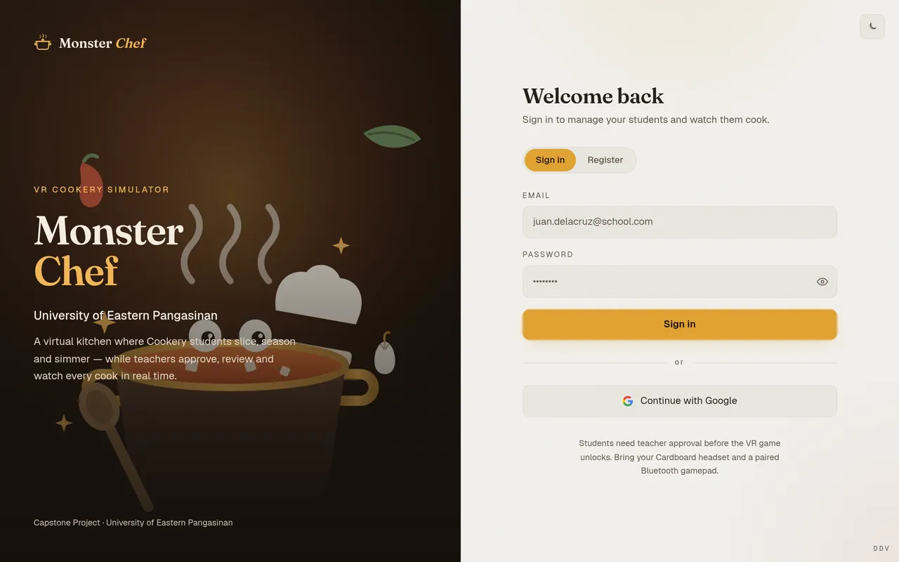 Screenshot: the MonsterChef admin dashboard sign-in