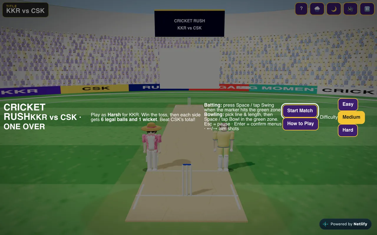 Screenshot: Cricket Rush, the browser cricket game Harsh built with Claude