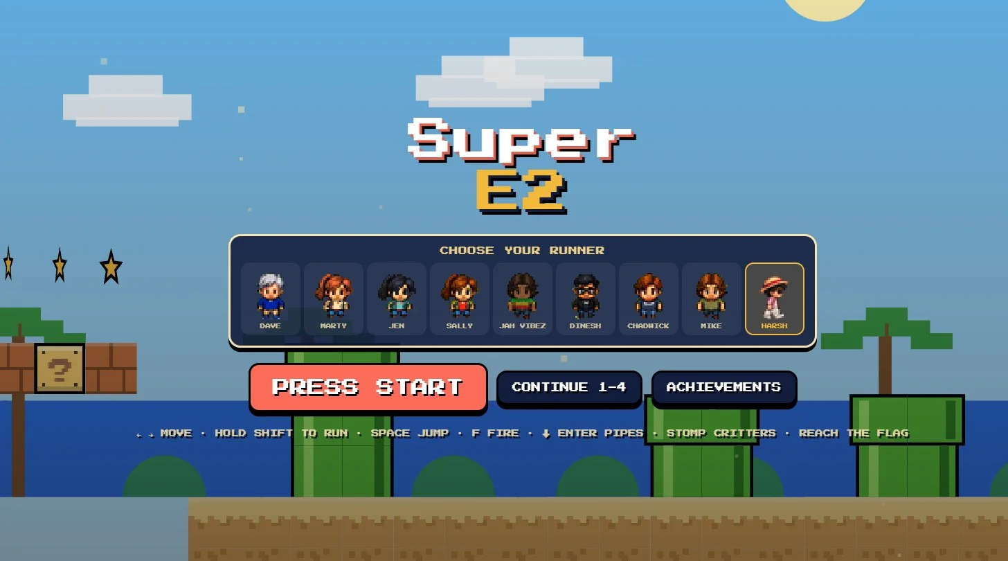 Screenshot: Super E2, Harsh's 2D scroller, title screen with the Studio cast as runners