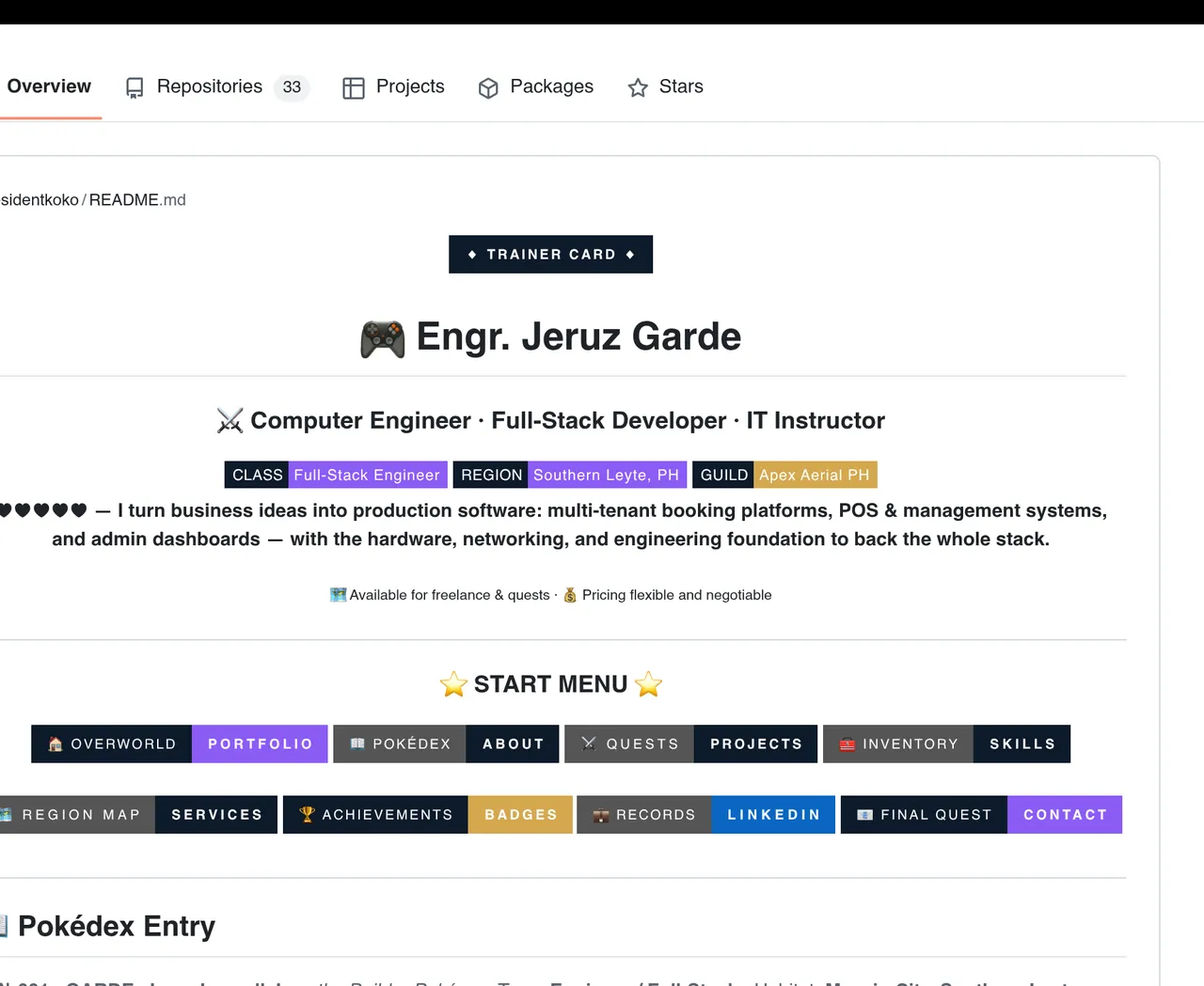Screenshot: Jeruz Garde's GitHub profile and README