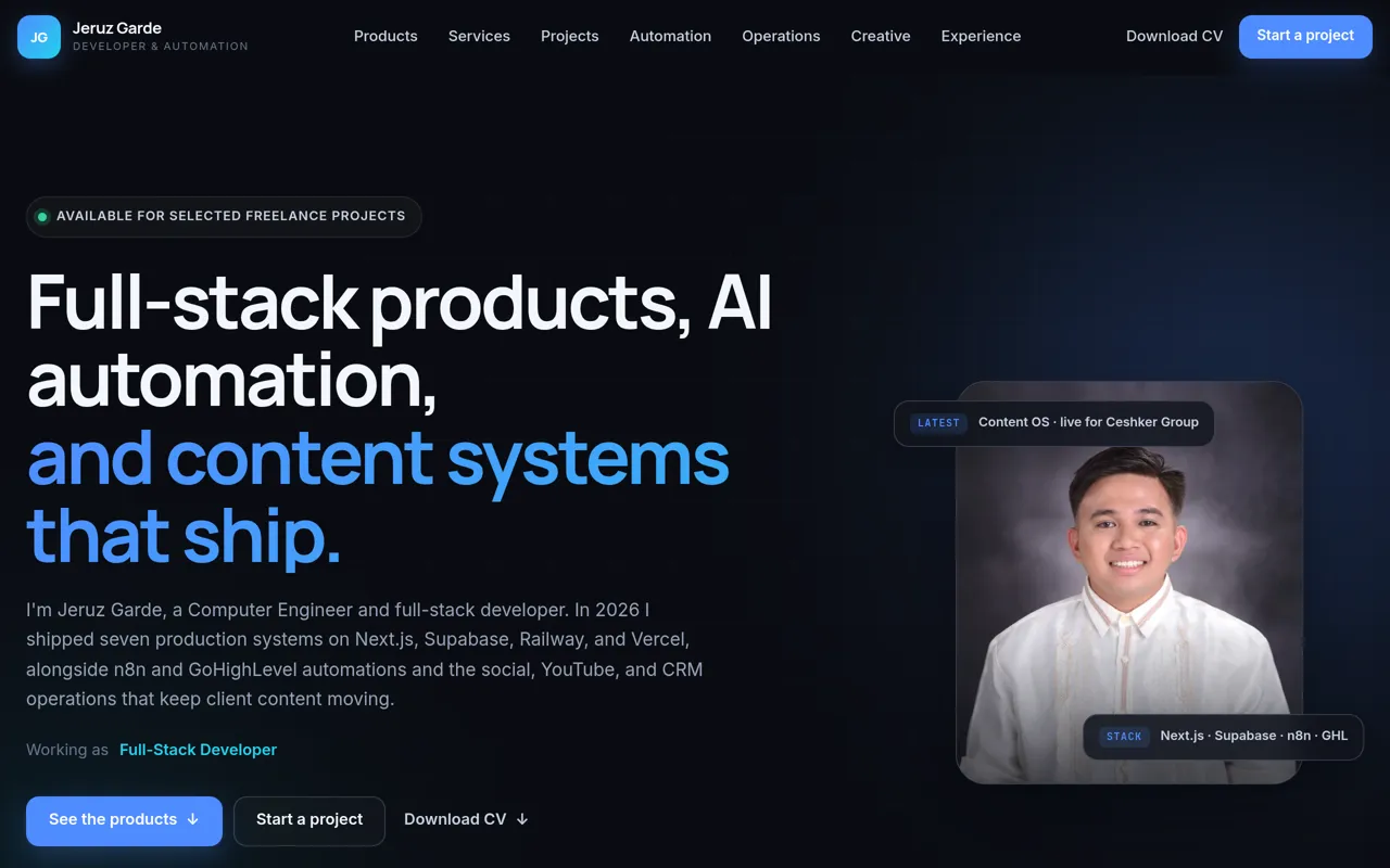 Screenshot: Jeruz Garde's portfolio homepage