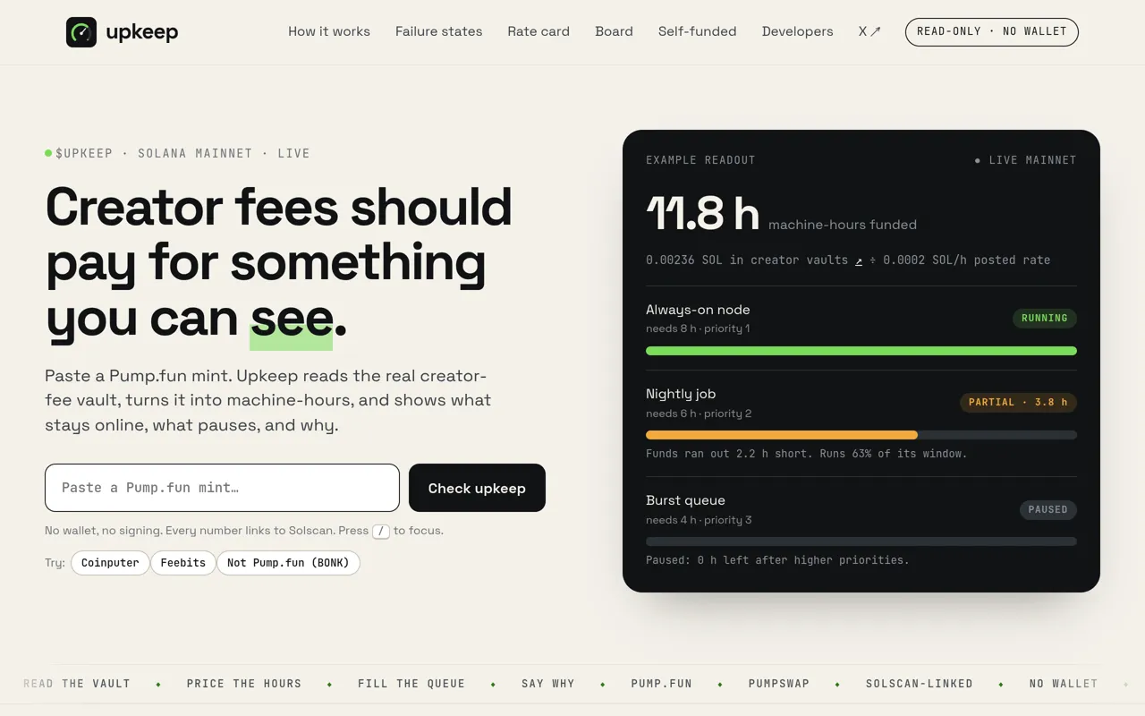 Screenshot: the Upkeep homepage