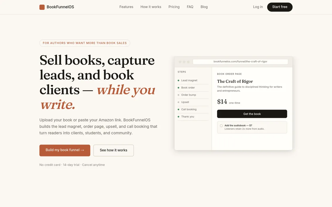 Screenshot: the BookFunnelOS landing page