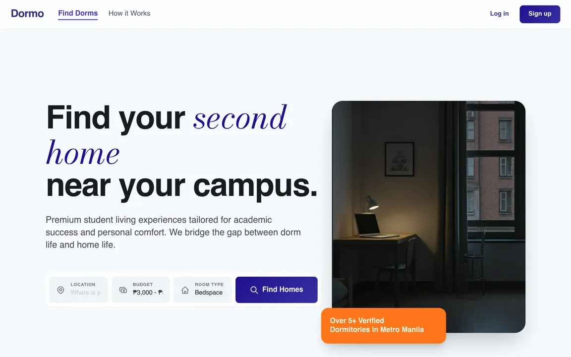 Screenshot: Dormo's homepage