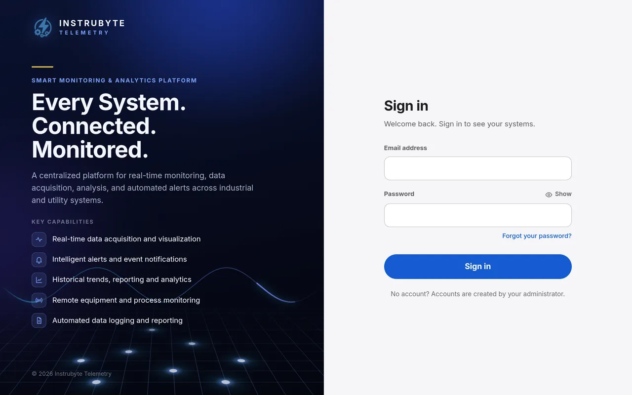 Screenshot: the Instrubyte Telemetry sign-in page, with the platform's capabilities listed