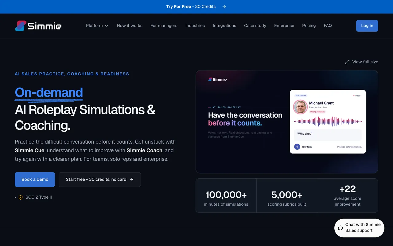 Screenshot: the Simmie homepage