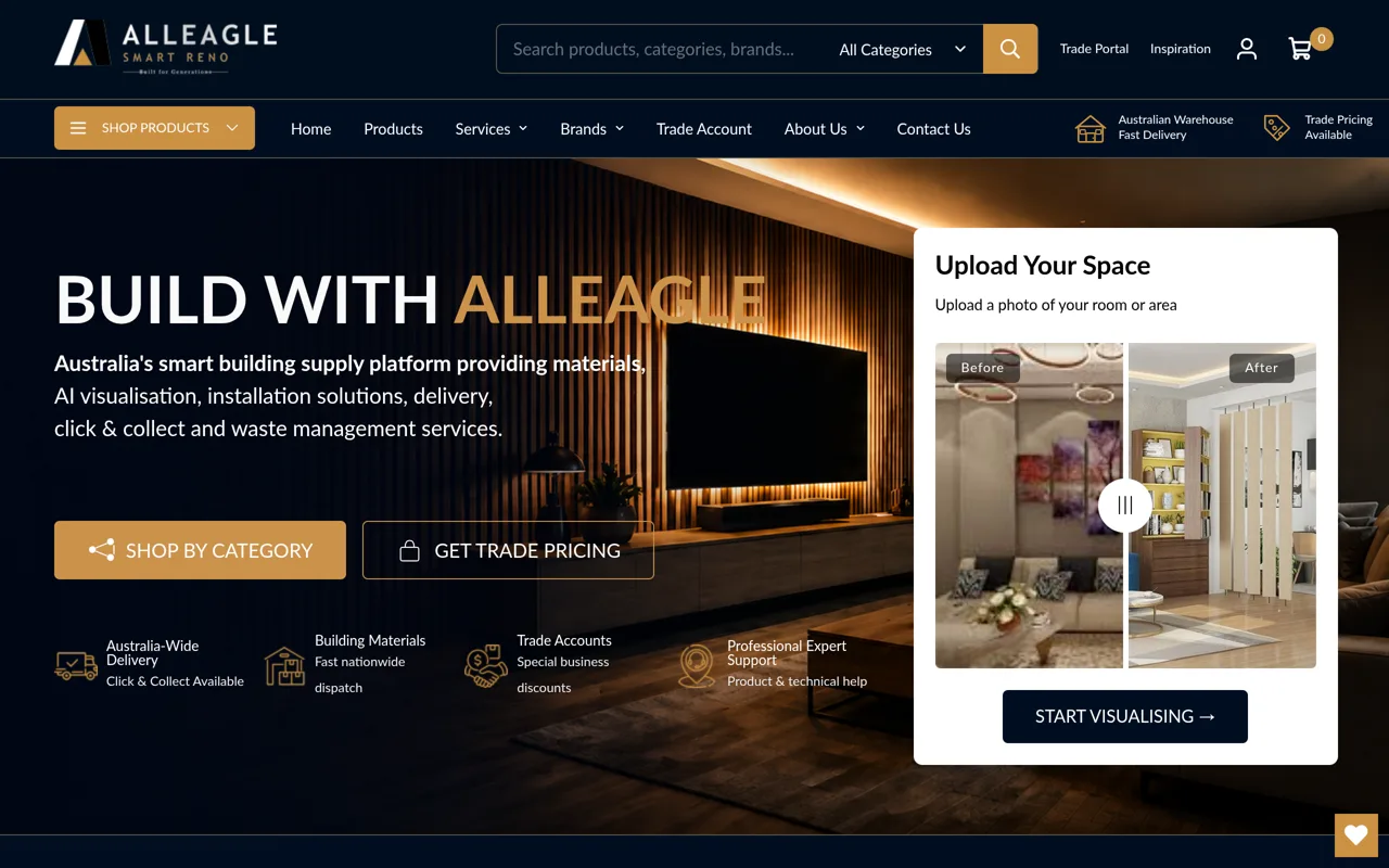 Screenshot: the All-Eagle storefront with its AI room visualiser