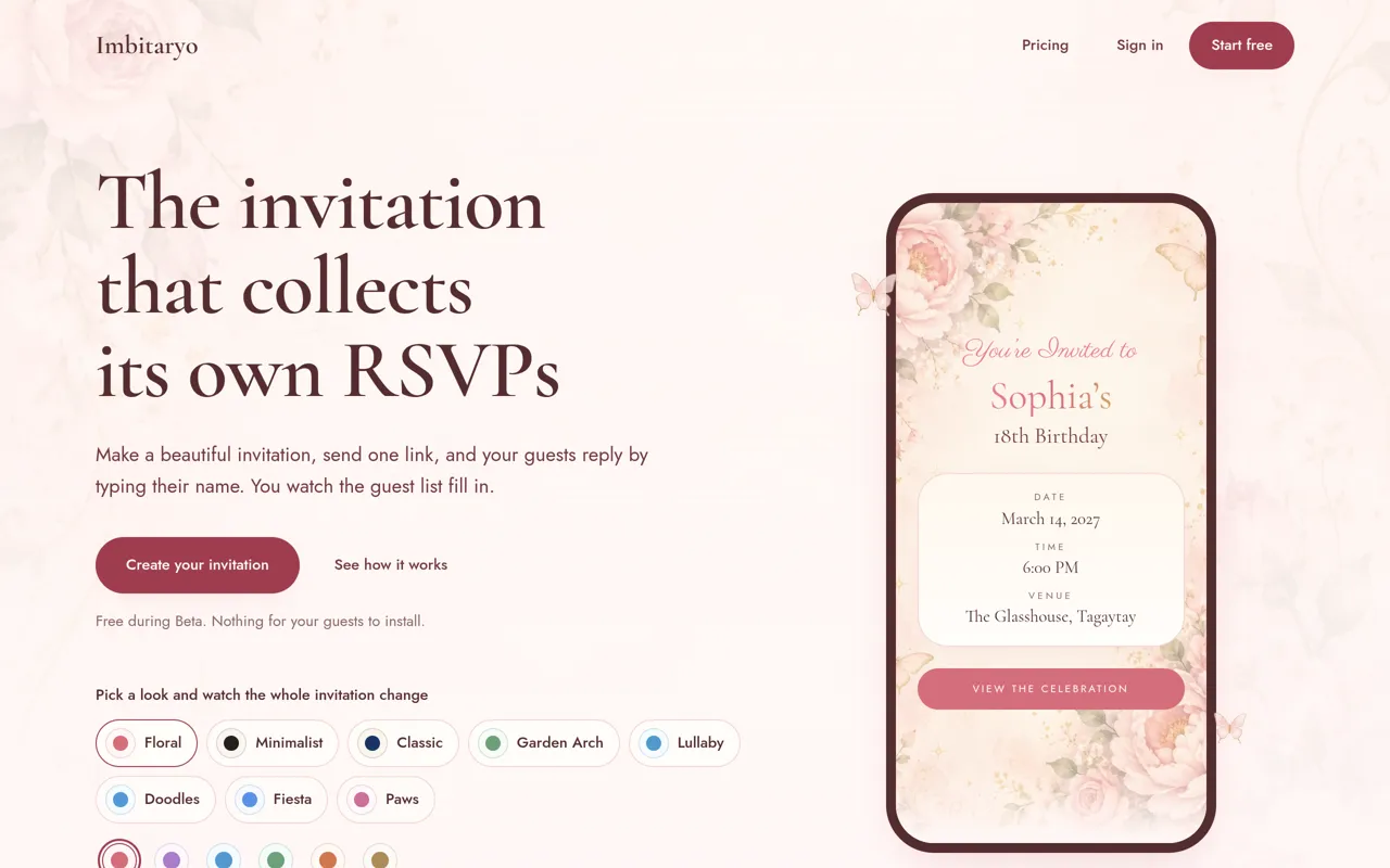 Screenshot: the Imbitaryo homepage