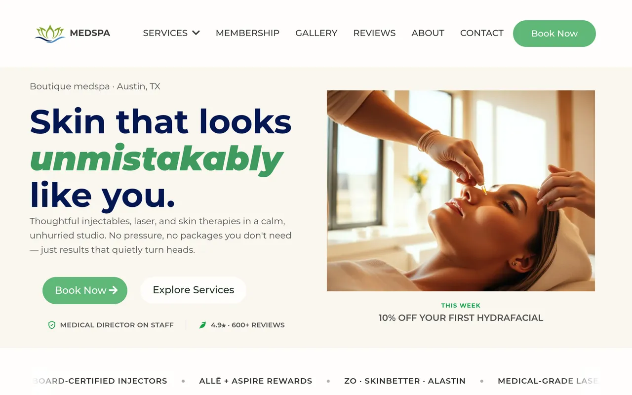 Screenshot: the MedSpa website Marc designed in GoHighLevel