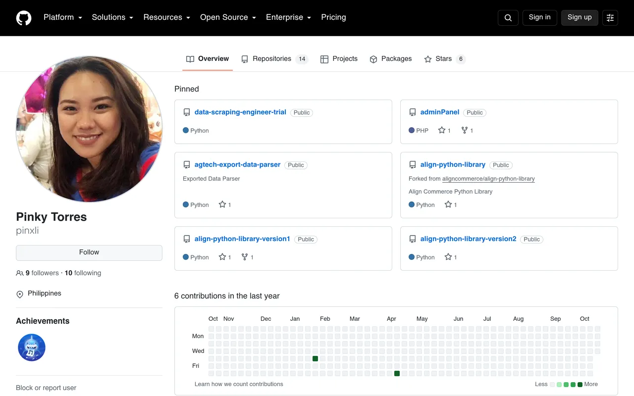 Screenshot: Pinky Torres's GitHub profile