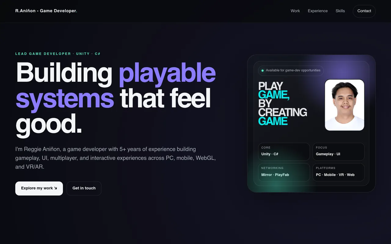 Screenshot: Reggie Aniñon's game developer portfolio