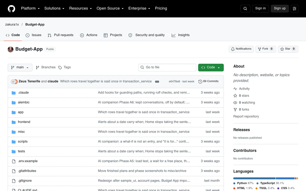 Screenshot: the Budget App repository on GitHub