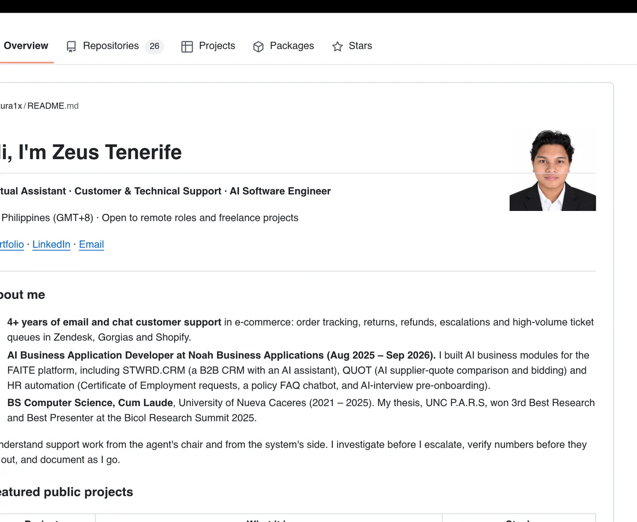 Screenshot: Zeus Tenerife's GitHub profile and README