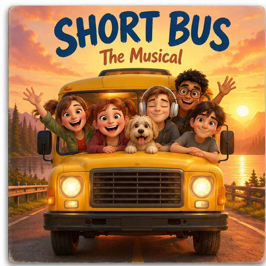 Short Bus: The Musical album cover, the cast leaning out of a yellow short bus at sunset
