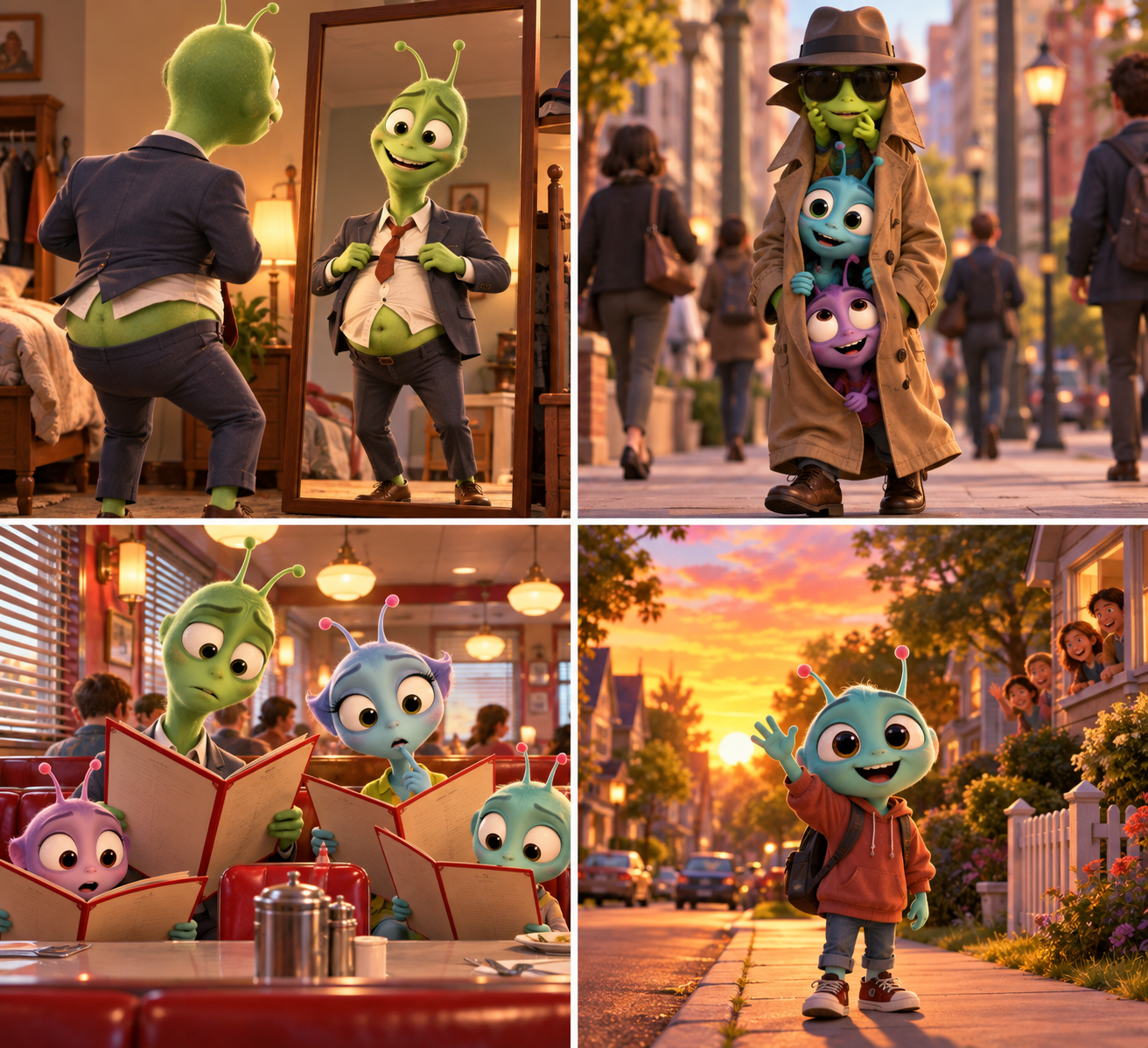 Human Suits concept art: four scenes of aliens trying to fit in