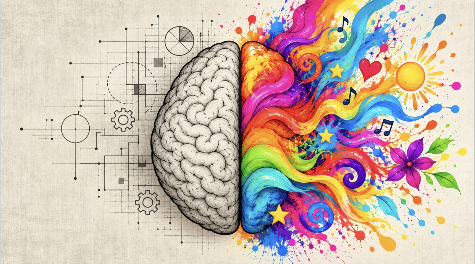 A brain illustrated with technical plans on the left and colorful creative energy on the right