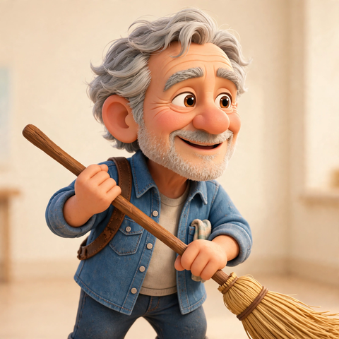Old Ray sweeping, the Studio janitor