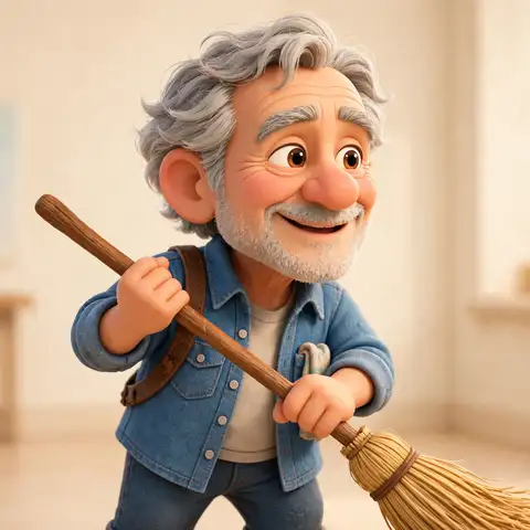 Old Ray sweeping, the Studio janitor