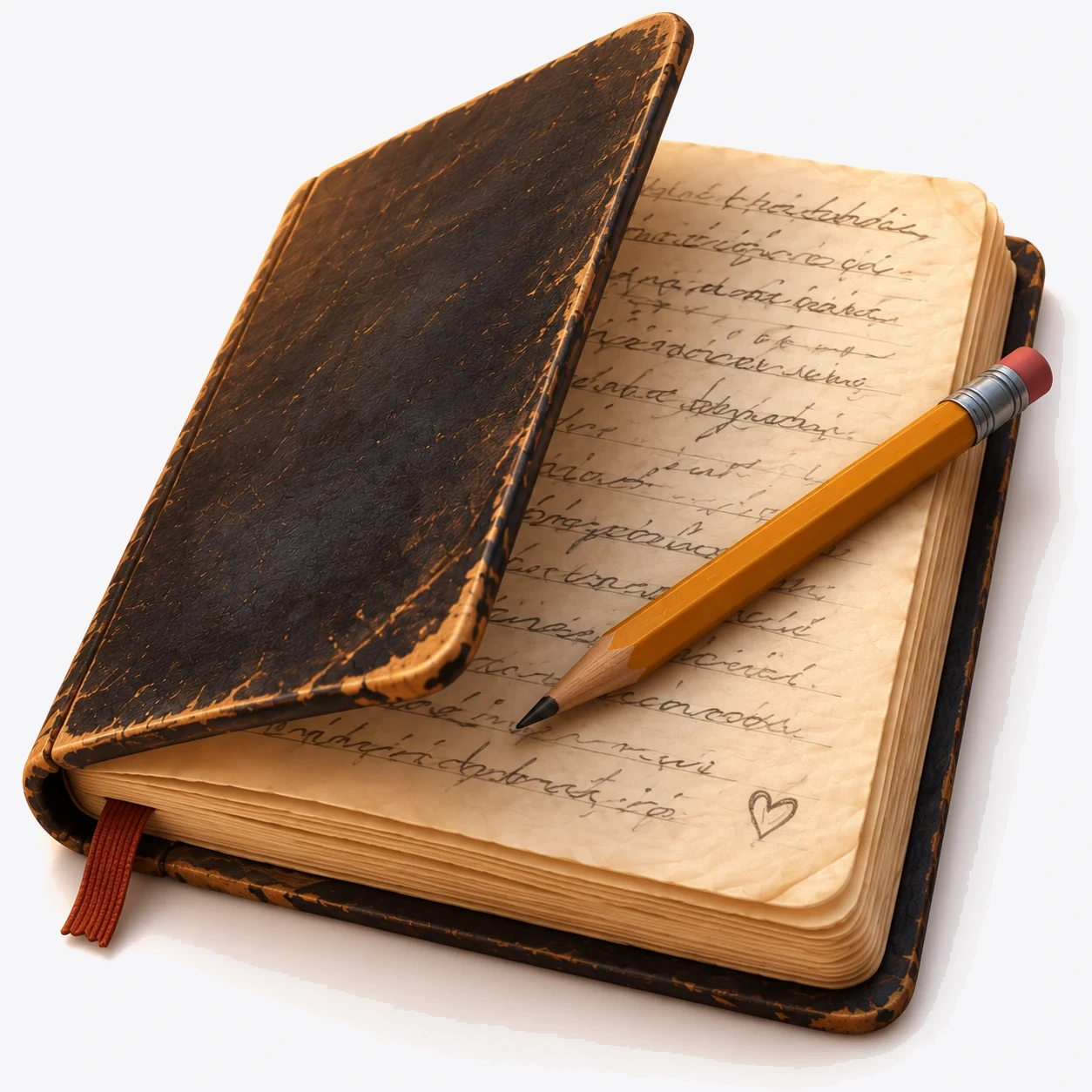 Sally's worn songwriting notebook with a pencil