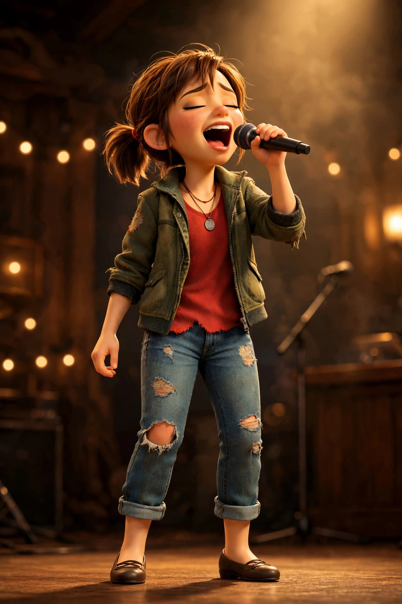 Sally mid-song, eyes closed, warm golden light