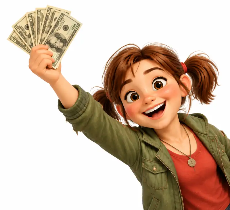 Sally smiling and handing you your music royalties