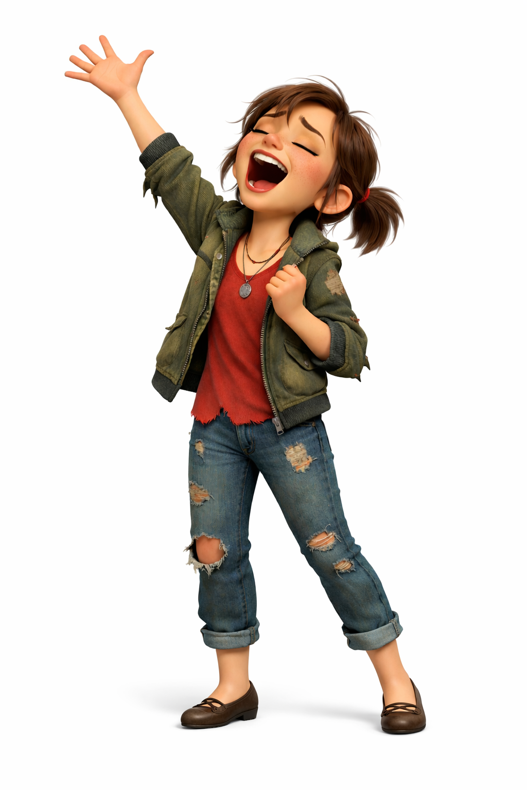 Sally singing with her arm raised, eyes closed