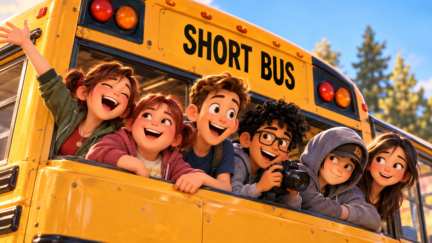 The Short Bus musical cast leaning out of the windows of a yellow bus