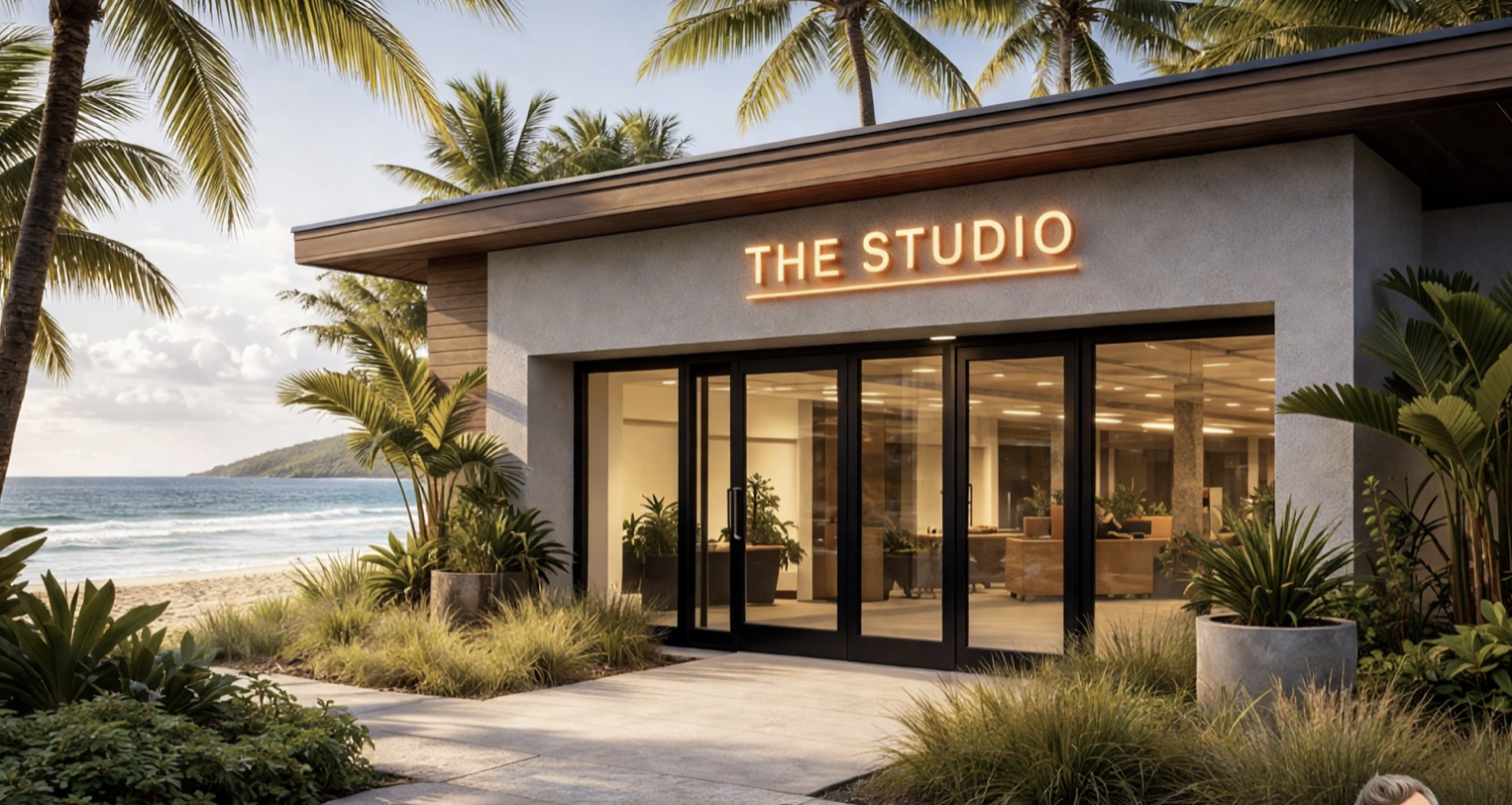 A modern Studio building beside the beach with The Studio signage