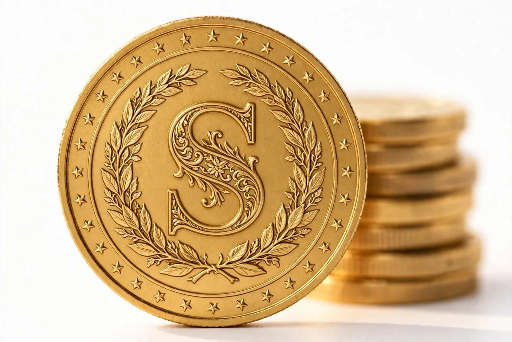 A big golden Studio coin with a letter S seal and a laurel wreath, beside a stack of gold coins