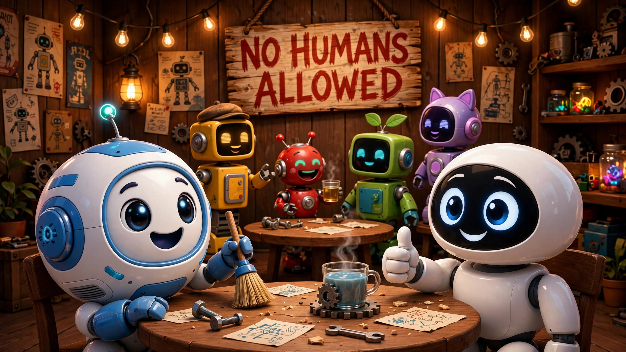 The Bot Club: robots meeting around tables under a big wooden sign that reads NO HUMANS ALLOWED