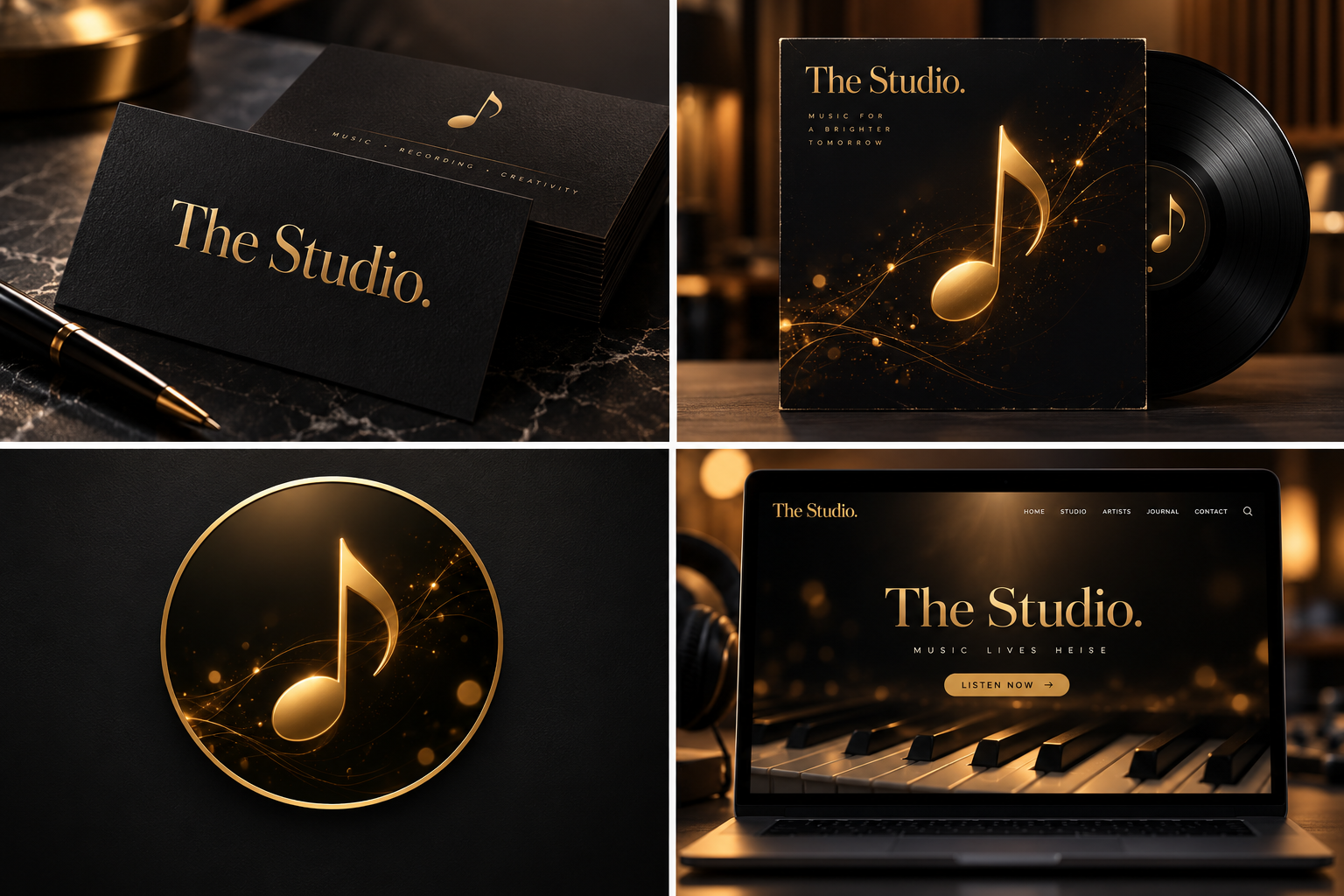 The Studio brand on a business card, album cover, social avatar, and website hero