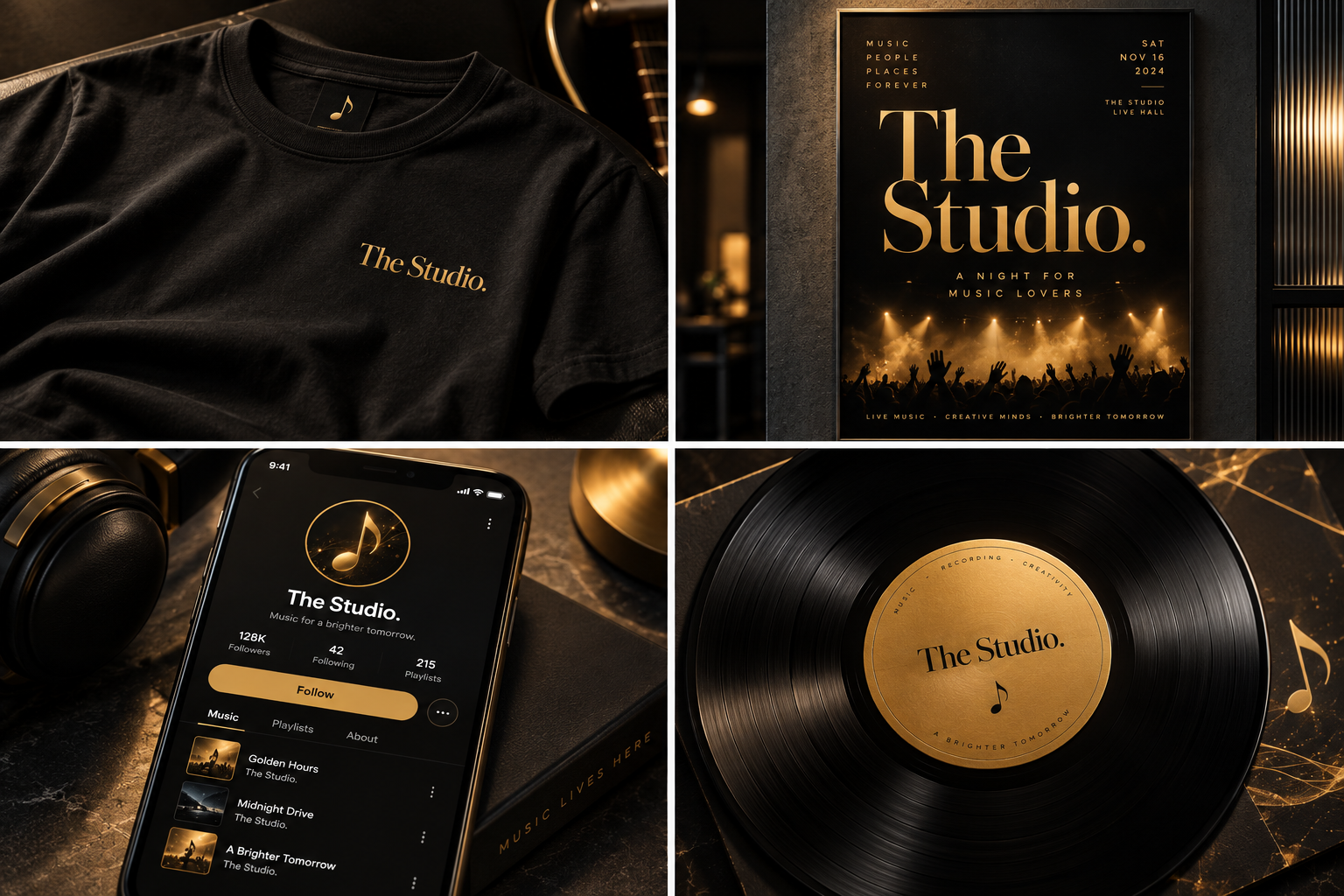 The Studio brand on a t-shirt, concert poster, phone profile, and vinyl record