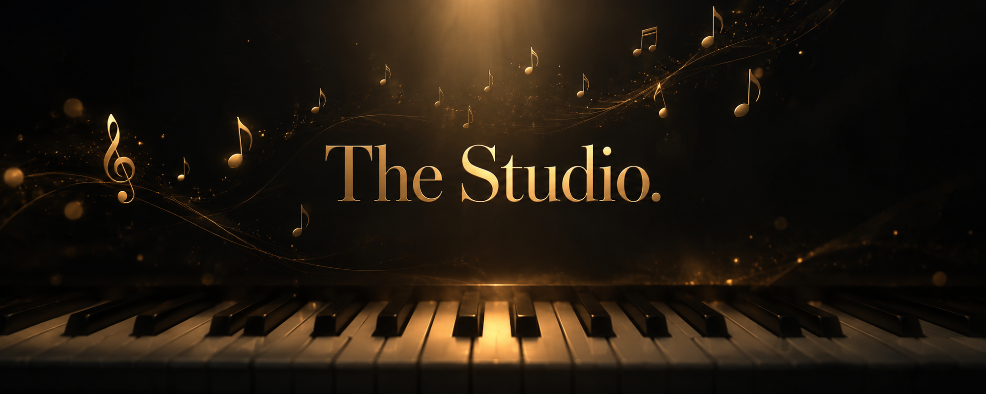 The Studio brand hero: gold wordmark with floating music notes over piano keys