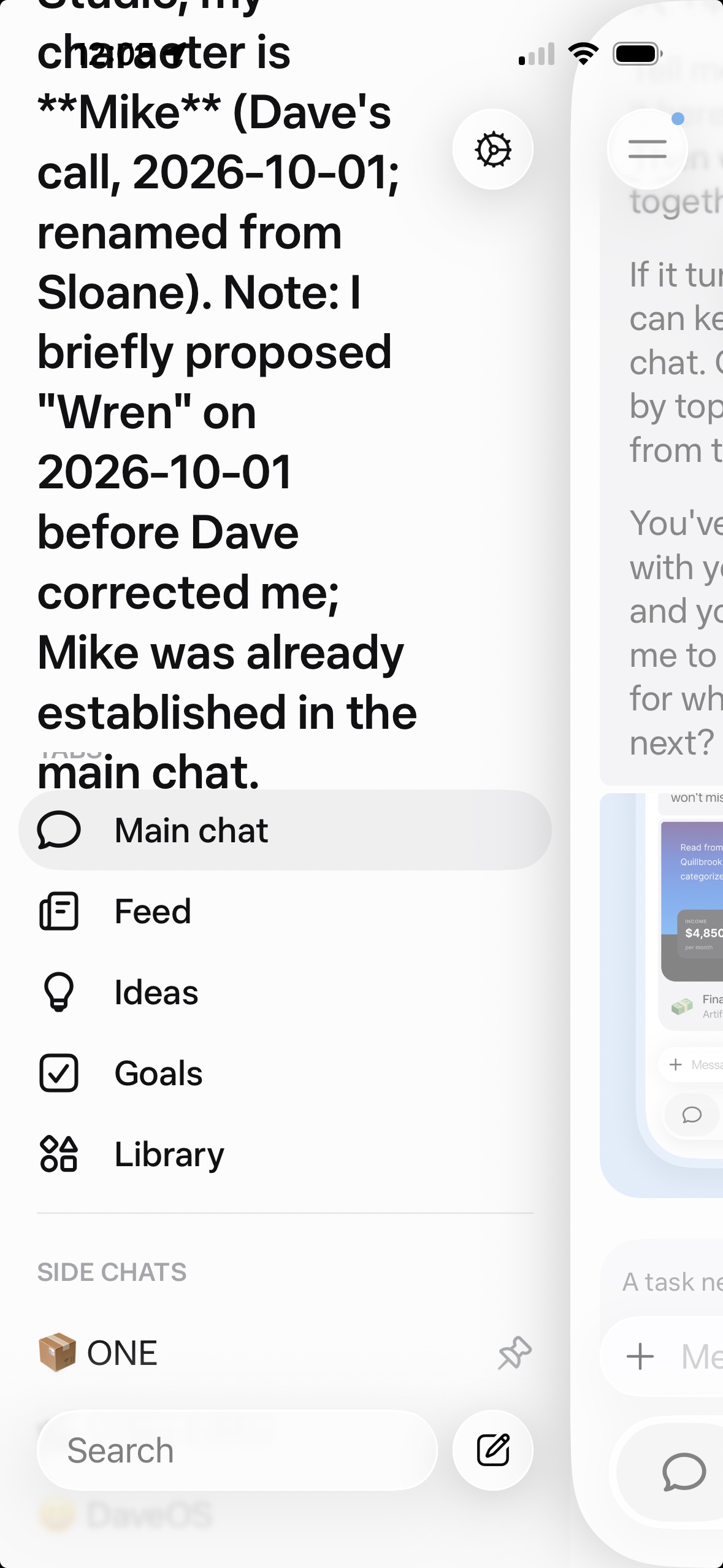 iOS app side drawer with chat content bleeding through