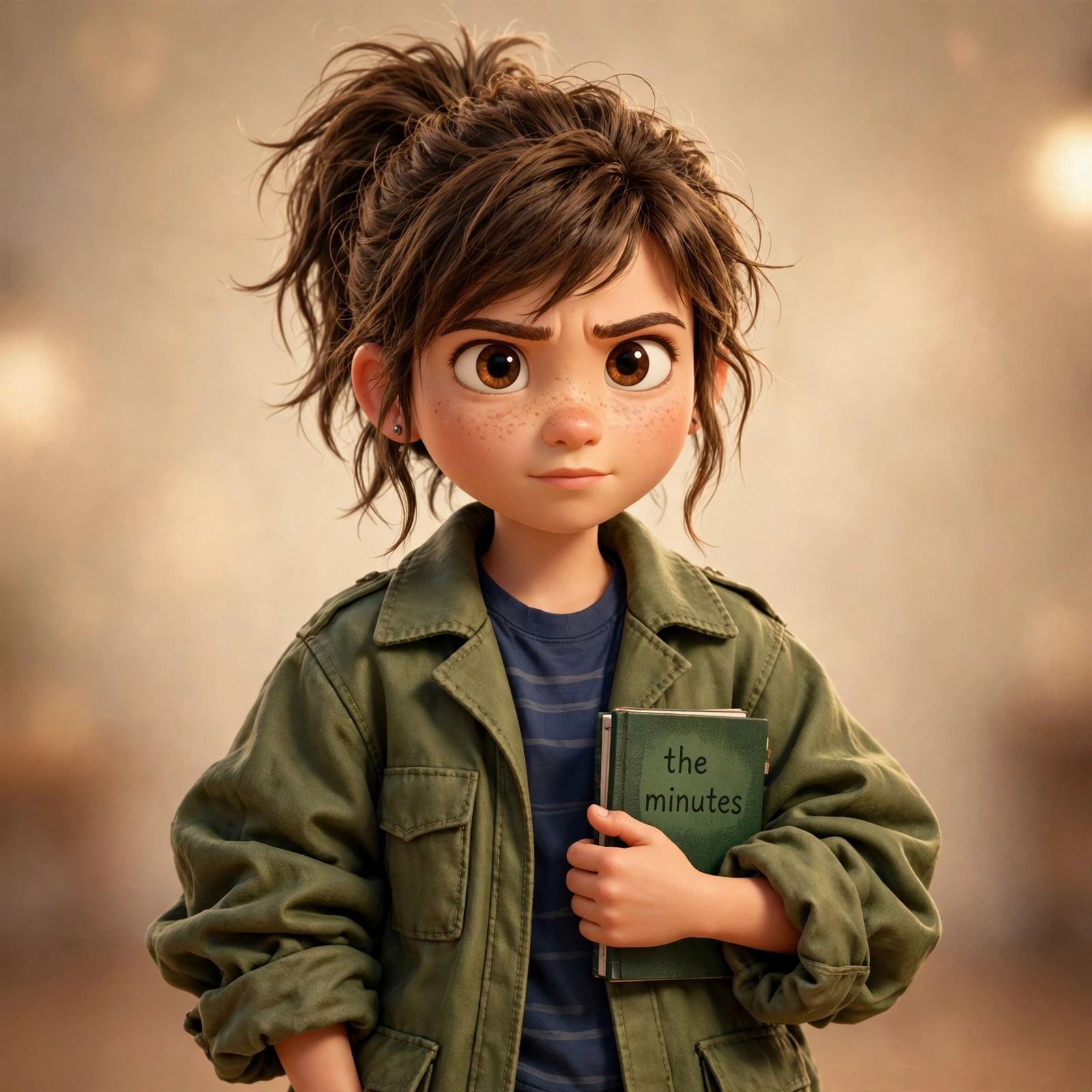 Bright, a twelve-year-old girl in an oversized jacket holding her notebook called the minutes