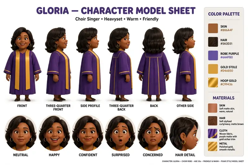 Gloria character reference sheet